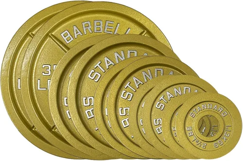 Miniatura 13 de Placas de acero olímpico con acabado dorado - Pares y juegos de barra estándar de 2 pulgadas en oro premium para levantamiento de pesas