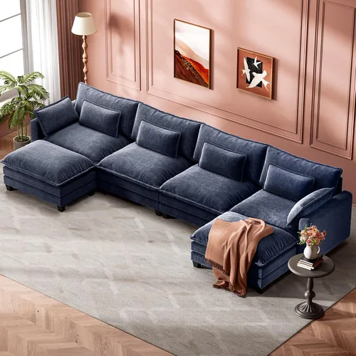 Miniatura 11 de Marsail Sofá modular modular de 110.6 pulgadas en forma de U, moderno y cómodo sofá nube, sofá de felpilla de 5 asientos con almohada y otomana Azul