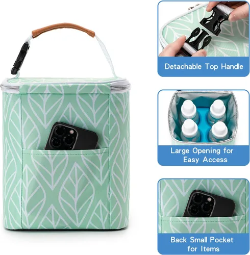 Miniatura 3 de Bolsa enfriadora de leche materna con bolsa de hielo para 4 biberones de hasta 9 onzas, bolsa para biberones para madres lactantes, color verde