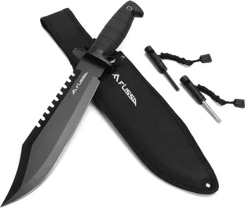 Cuchillo de supervivencia y caza FLISSA con vaina, cuchillo táctico Bowie de hoja fija de 15 pulgadas con afilador y arrancador de fuego para