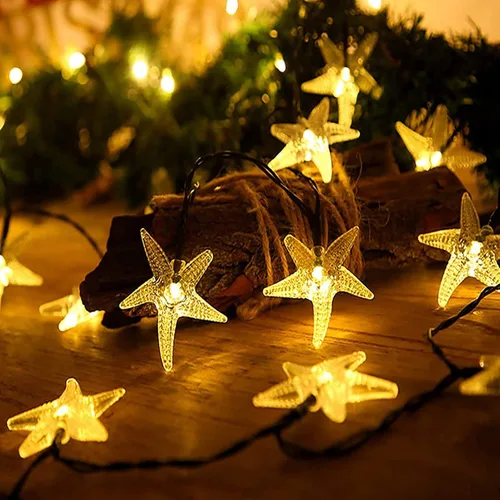 Miniatura 13 de Luces solares de estrella de mar, impermeables, de 15.7 pies, 20 luces LED de noche con estrellas de mar y océano, mar, mundo, luces de noche