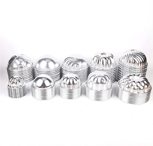 Miniatura 8 de LoBake 10 piezas de media bola de calabaza uva vollyball Shell aluminio tarta molde jalea pudín taza magdalena molde herramientas para hornear