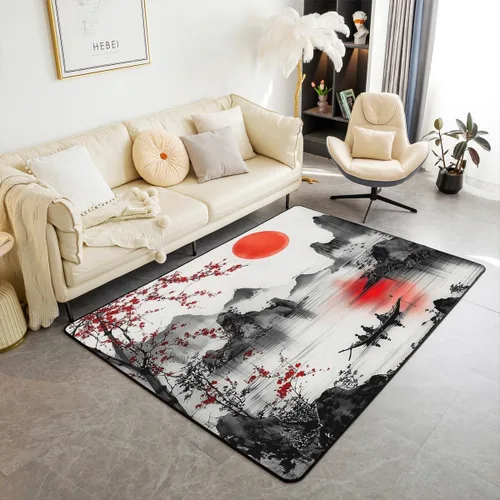 Miniatura 12 de Feelyou Alfombra retro de 5 x 7 pies con temática asiática para niños, adolescentes y adultos, estilo de pintura china con acuarela, alfombra Cian