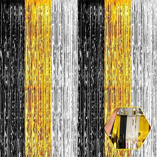 Miniatura 9 de Paquete de 3 cortinas de flecos de papel de aluminio negro, 3.28 pies x 8.2 pies, cortinas metálicas de oropel con flecos para cabina de fotos, día
