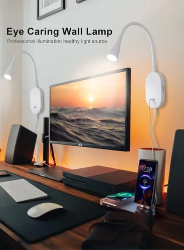 Miniatura 2 de deeloop Luz de lectura LED de montaje en pared para cama, lámpara de lectura con salida USB, 5 niveles de brillo, luces de libro de control táctil
