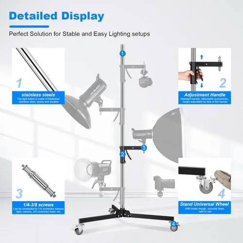 Miniatura 5 de Soporte de agarre de pistola resistente, soporte de luz rodante de fotografía de 8.2 ft/8.2 pies con ruedas y un brazo deslizante Carga máxima