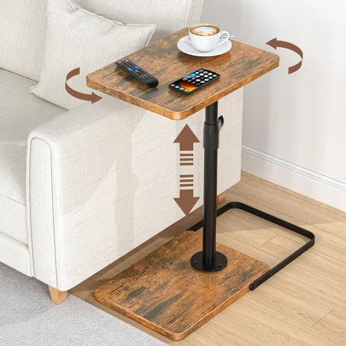 Mesa auxiliar de mesa C de altura ajustable, mesa giratoria de 360°, base de metal y madera mejorada para evitar resbalones, mesa con reposabrazos