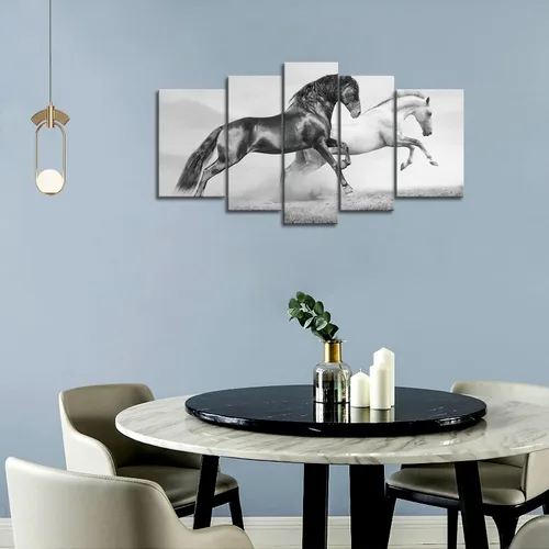 Miniatura 5 de Arte de pared de 5 paneles negro Friesian Running Horse Trot en el campo al atardecer, hierba y flores, cuadros impresos en lienzo animal la imagen