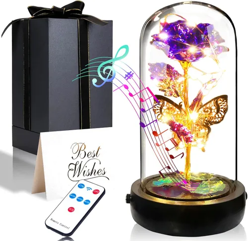 Miniatura 10 de Regalos de rosas de cumpleaños para mujeres y mamá, regalo de rosa de cristal blanco colorido Rainbow Rose in Glass Dome with Music Box, Light Up