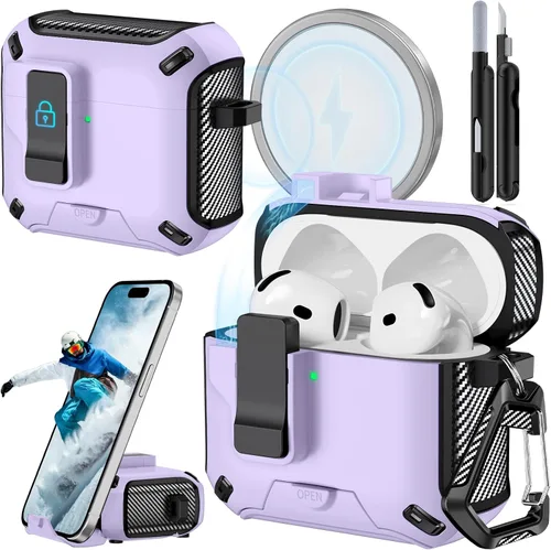 Miniatura 13 de Funda para AirPods Pro 2 (2023/2022/2019) con soporte para teléfono, (con interruptor a presión automático), diseño de fibra de carbono, cubierta