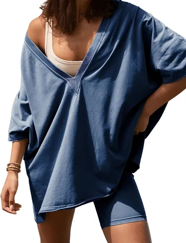 TAQCUX Conjunto de dos piezas de verano de 2 piezas para mujer, cuello en V, reversible, camiseta y pantalones cortos de motociclista
