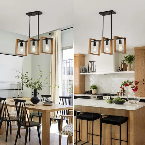 Miniatura 6 de 9MMML Lámpara de 3 luces para isla de cocina, lámpara de comedor negra, con marco de madera, para sala de estar, vestíbulo, entrada, pasillo, E26