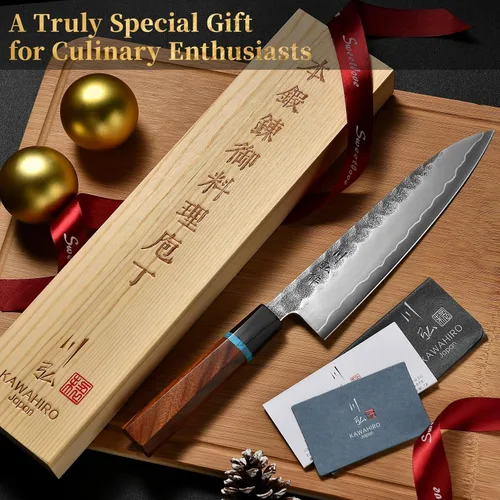 Miniatura 8 de Cuchillo de chef japonés KAWAHIRO, cuchillo de cocina forjado negro de 210mm VG10, cuchillo de chef profesional hecho a mano con mango ergonómico