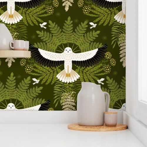 Miniatura 8 de Muestra de papel tapiz extraíble – Woodland Damasco Botánico Pájaro Botánico Moderno Selva Halcón Búho Helecho Hojas Papel pintado personalizado