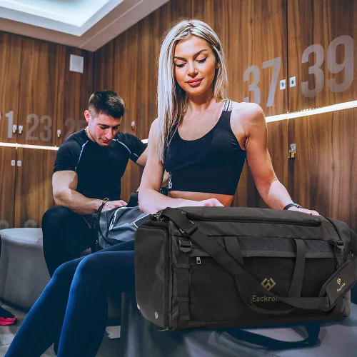 Miniatura 6 de Eackrola Bolsas de gimnasio para hombre con compartimento para zapatos, bolsa de lona deportiva con bolsillo húmedo para mujer, 65L, Negro, Gimnasio