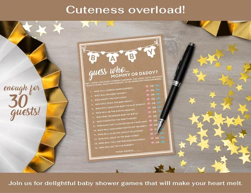 Miniatura 6 de Party Hearty Juego de 30 piezas de Baby Shower para niña o niño, mamá o papá Adivina quién, divertidas tarjetas de actividad, género neutro, ideas