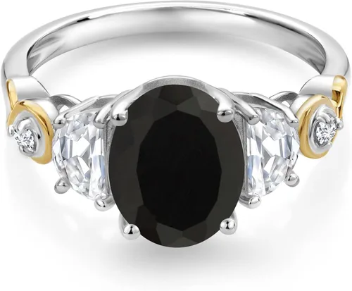 Miniatura 2 de Gem Stone King Anillo ovalado de plata 925 y oro amarillo de 10 quilates, moissanita creada y diamante cultivado en laboratorio de 3 piedras