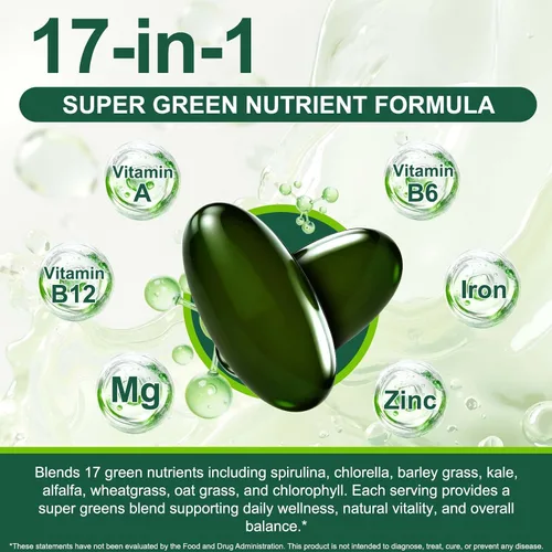 Miniatura 7 de Spirulina & Chlorella Supergreens Softgels, mezcla de Supergreens 17 en 1, proteína a base de plantas, naturalmente rica en clorofila, sin gluten