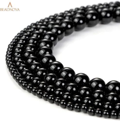 Miniatura 5 de Cuentas de ónix negro BEADNOVA con cuentas de cristal natural, piedras preciosas, redondas, sueltas, curativas de energía con cordón elástico de 01)
