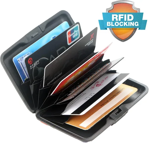 Miniatura 11 de Tarjetero de aluminio con bloqueo RFID para hombres y mujeres, elegante cartera de viaje con 7 ranuras, la mejor protección contra escaneos