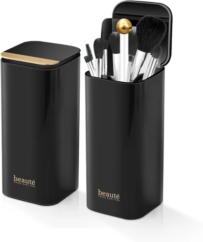 Organizador de brochas de maquillaje mejorado con tapa, organizador de brochas de maquillaje a prueba de polvo con 4 compartimentos para tocador,