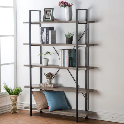 Miniatura 11 de HSH Estantería negra de 5 niveles de alto, estante de almacenamiento de madera y metal, estantería industrial moderna Etagere de 5 estantes, estante
