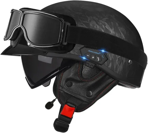 Miniatura 19 de Casco de cara abierta con Bluetooth para hombres y mujeres, casco retro de estilo alemán con diseño de calavera, visera con gafas, casco de media