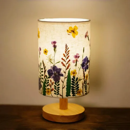 Lámpara de mesa de flores secas, 7 W, 3 colores prensados florales al lado de la lámpara, bonita lámpara de escritorio de lino vintage para