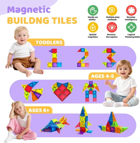 Miniatura 6 de Mini azulejos magnéticos, juego de 70 azulejos magnéticos de viaje con caja de hierro, bloques de construcción magnéticos portátiles para niños de 3