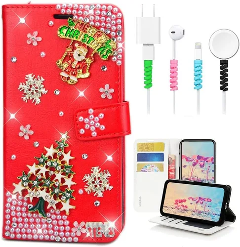 Miniatura 9 de Bling - Funda tipo cartera para teléfono compatible con Samsung Galaxy S21 Ultra, elegante, hecha a mano en 3D, diseño de árbol de Navidad, alce