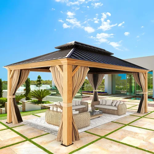 Miniatura 15 de YOLENY Cenador de techo duro de 10 x 13 pies, toldo de policarbonato para exteriores con techo doble, pabellón permanente de aluminio con cortinas