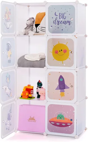 Miniatura 16 de INFANS Armario para niños, armario portátil para bebé, lindo para dormitorio de niños, armario de guardería con puertas, 12 cubos, 2 secciones