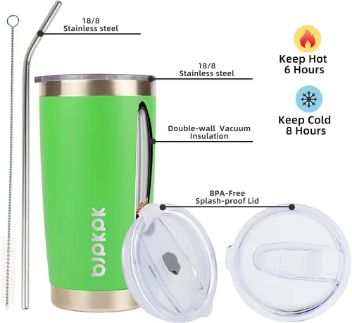 Miniatura 2 de BJPKPK - Vaso de 20 onzas con aislamiento térmico con tapa y pajilla de acero inoxidable, taza de café, color verde A-verde