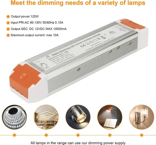 Miniatura 5 de Controlador LED regulable de 120 W, 12 V, funcionamiento silencioso, universal, regulado, 12 V CC, fuente de alimentación regulable, transformador