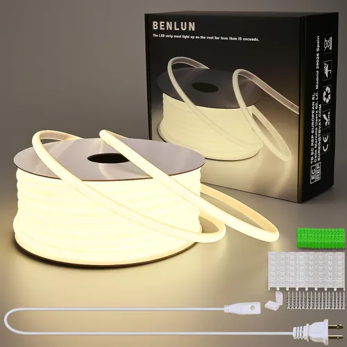 Miniatura 11 de BENLUN Tiras de Luces LED COB AC 110V de 98.4 pies, 3000K Luz de Cuerda LED Blanca Cálida para Exteriores Impermeable, 10W/M CRI 90+ Flexible Blanco