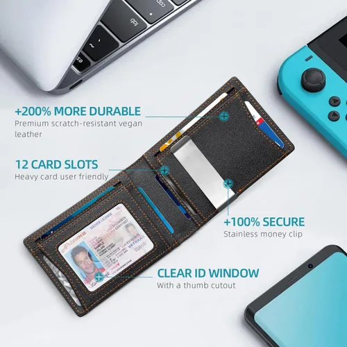 Miniatura 48 de Zitahli - Billetera delgada con 12 ranuras para tarjetas, ventana de identificación con clip para dinero, bolsillo frontal RFID plegable, pequeña