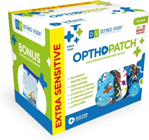 Opthopatch Parches oculares para bebés – Adhesivo extra sensible – Diseño para niños [Serie I] – 40 unidades + 1 tabla de recompensas