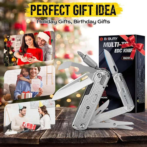 Miniatura 9 de BIBURY Cuchillo de bolsillo multiherramienta BI2056, cuchillo multiherramienta de acero inoxidable con clip, cuchillo plegable multiherramienta EDC
