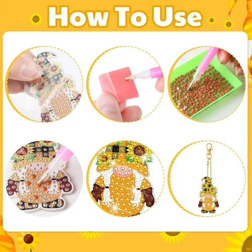 Miniatura 4 de Outus Kit de 24 llaveros de dibujo de gnomos de diamante de doble cara 5D para diamantes de granja para manualidades, llavero artístico