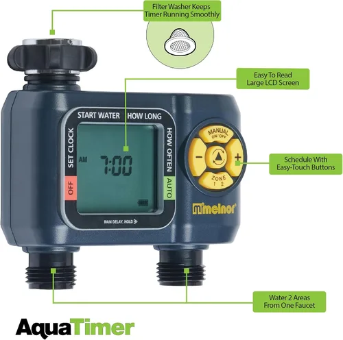 Miniatura 3 de Melnor 65139AMZ AquaTimer Temporizador digital de manguera, temporizador de riego programable de 2 zonas, paquete de conexión rápida, negro, amarillo