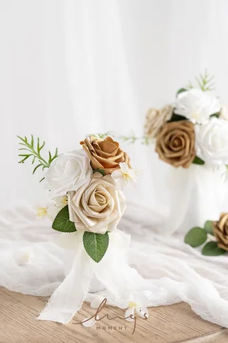 Miniatura 2 de Ling's moment Flores Artificiales 25 Piezas Rosas Doradas Decorativas con Tallos, 3 pulgadas de Tacto Real DIY Espuma Floral para Ramo de Wht- Oro