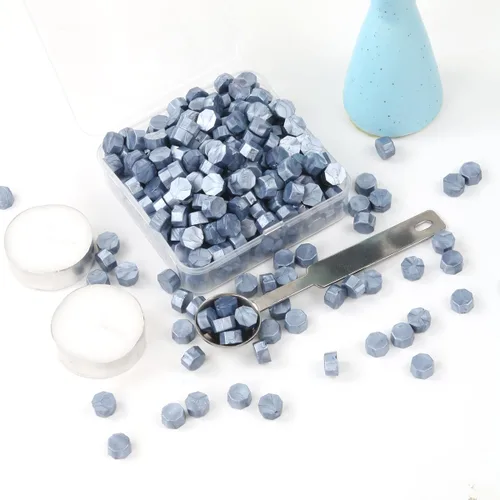Miniatura 2 de Juego de 300 cuentas de cera de sellado azul gris para sello de cera con velas y cuchara de fusión, perfecto para tarjetas de Navidad, sobres, Gris