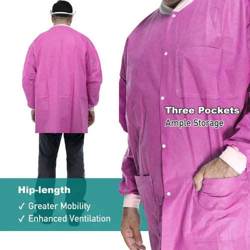 Miniatura 4 de Chaquetas de laboratorio desechables dentales Puños y cuello de punto suave SMS duraderos con 3 bolsillos Chaqueta de laboratorio médico