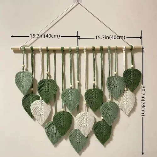 Miniatura 2 de MSFENG Tapiz para colgar en la pared, diseño de hojas, bohemio, decoración de pared tejida con plumas tejidas a mano, borlas de hilo tejido, Verde