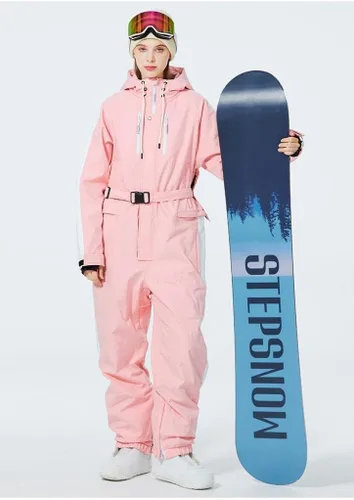 Miniatura 20 de ALSOGO Traje de esquí de una pieza para mujer, overol impermeable con aislamiento para nieve, con cinturón desmontable para deportes de nieve