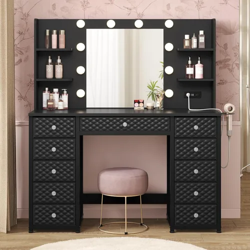 Miniatura 8 de HAUOMS Tocador con luces y espejo, tocador de maquillaje con 11 cajones y regleta de enchufes, 6 estantes abiertos, escritorio de tocador de 110 cm
