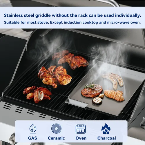 Miniatura 5 de Skyflame Plancha universal de acero inoxidable, parrilla de gas plana con rejilla extraíble y bordes elevados, apto para la mayoría de parrillas