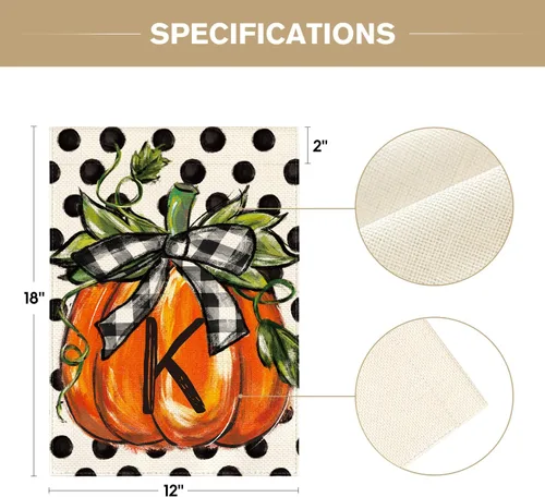 Miniatura 5 de AVOIN colorlife Bandera de jardín con monograma de otoño con letra K, diseño de calabaza, con diseño de lunares, 12 x 18 pulgadas, doble cara