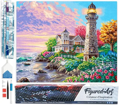 Miniatura 20 de Figured'Art Kit de arte de pintura de diamantes para adultos de 16 x 20 pulgadas, taladro cuadrado completo 5D en el lago, lienzo enrollado