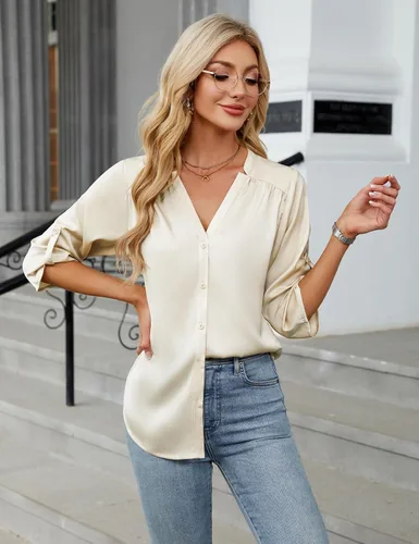 Miniatura 5 de Blooming Jelly Camisas con botones para mujer de manga 3/4, tops casuales elegantes, blusas de negocios de satén de seda plisado 2025